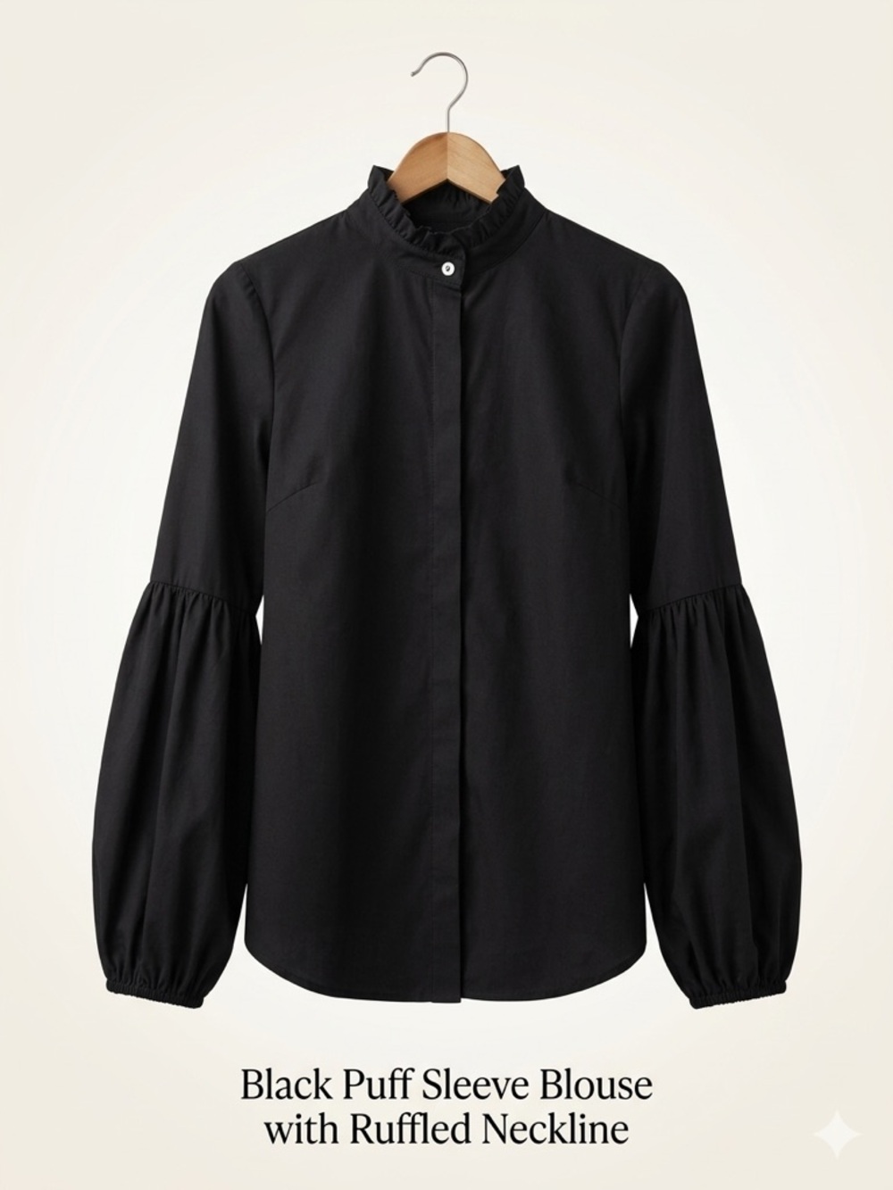 Koandaily Black Puff Sleeve Blouse Ruffled Neckline Romantic Feminine Top